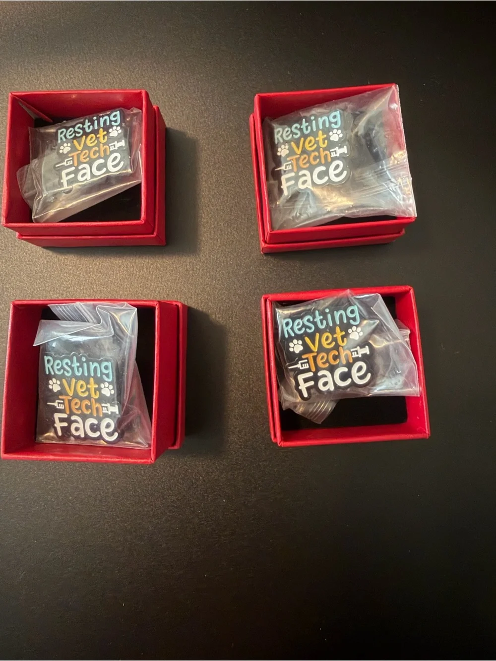 Resting Vet Tech Face Badge Pin — Black with Multicolor Lettering (4 pack)